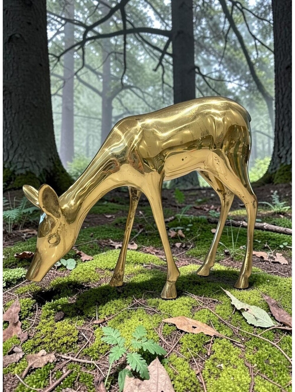 Vintage Brass Grazing Deer Figurine 7.5” Tall Woodland Animal Decor
